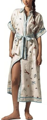 Femiserah Women's Summer Short Sleeve Floral Shirt Dress Bohemian Beach Maxi Long Belted Casual B... | Amazon (US)