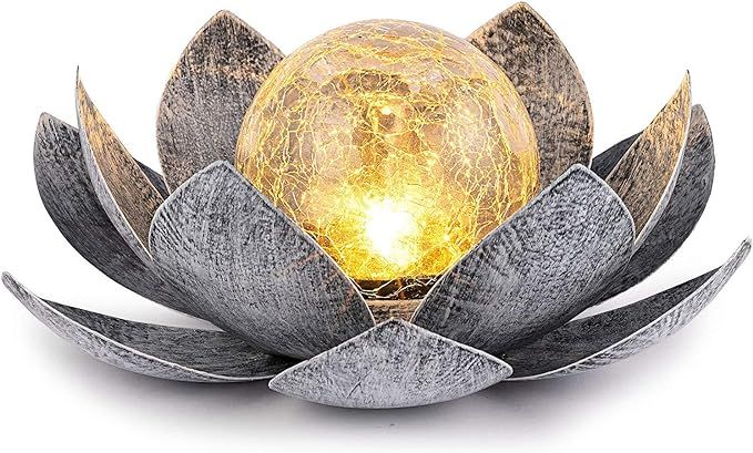 Huaxu Solar Lights Outdoor Garden, Crackle Globe Glass Lotus Decoration, Waterproof LED Metal Flo... | Amazon (US)