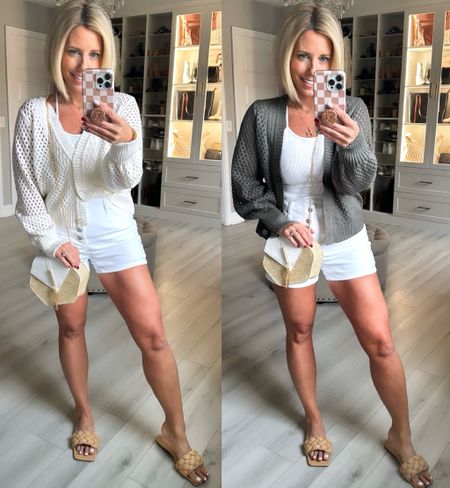 How cute is this new cardigan?!?! I had to grab it in 2 colors!!!! I can’t believe it’s only $14.98!!!
⬇️⬇️⬇️
Cardigan sized up to large 
Tank small
Shorts sized up to size 6
Slides TTS

#LTKfindsunder100 #LTKfindsunder50 #LTKstyletip