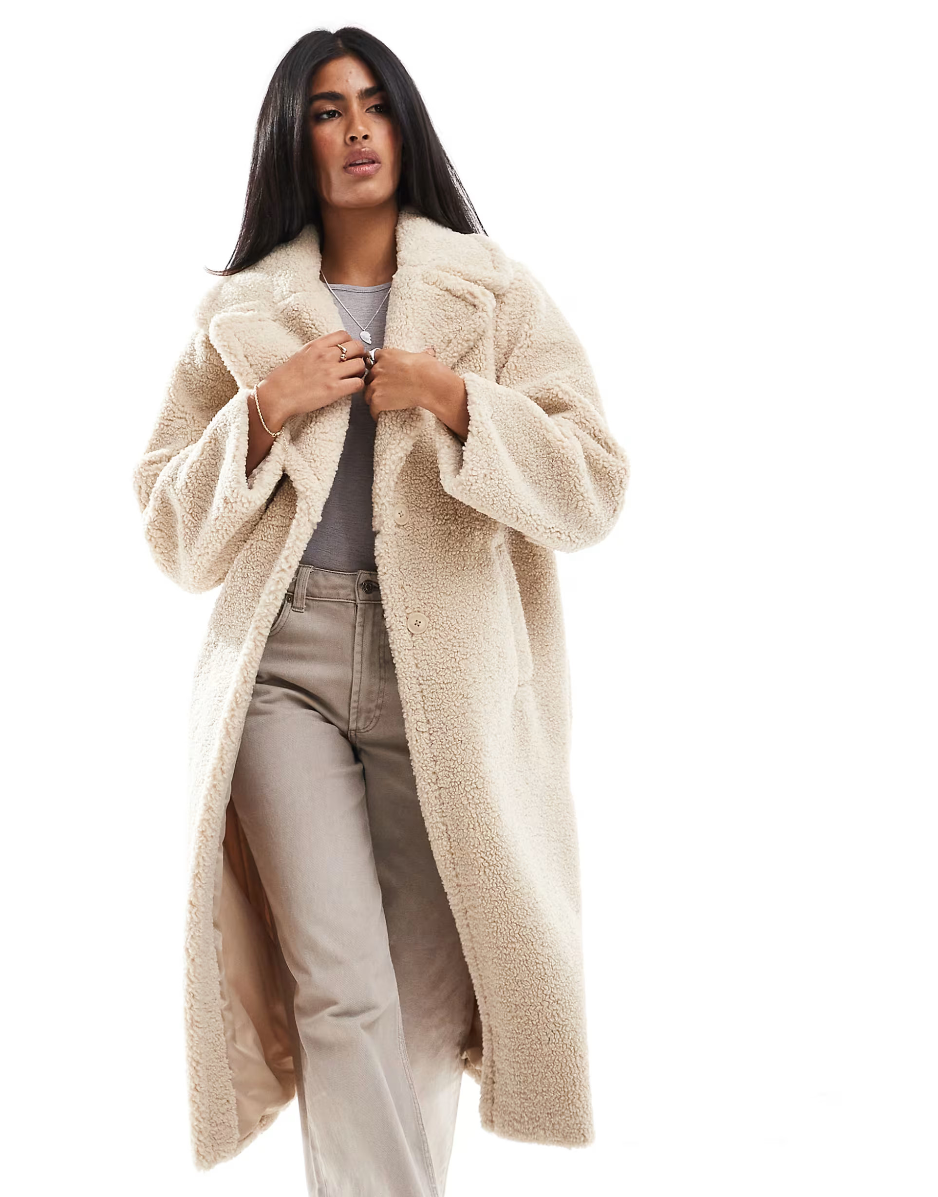 Stradivarius longline teddy coat in beige | ASOS (Global)