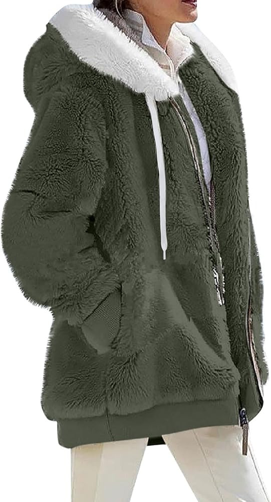 Winter Coats For Women Fuzzy Fleece Jacket Hooded Color Block Patchwork Cardigan Coat Outerwear W... | Amazon (US)