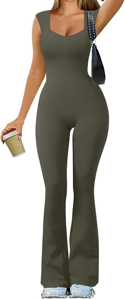 REORIA Women Yoga Jumpsuits Double Lined Sweetheart Neck Sleeveless Bell Bottoms Flare Jumpsuits ... | Amazon (US)