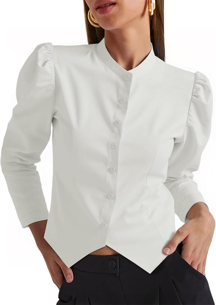 Tankaneo Camisas de manga abombada con botones para mujer, cuello alto, ajustadas, para otoño, c... | Amazon (US)