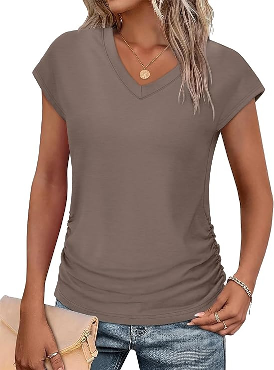 WIHOLL Women's V Neck Ruched Cap Sleeve T Shirt | Amazon (US)