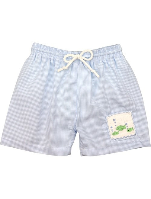 Blue Gingham Smocked Fish Swim Trunks | Cecil and Lou