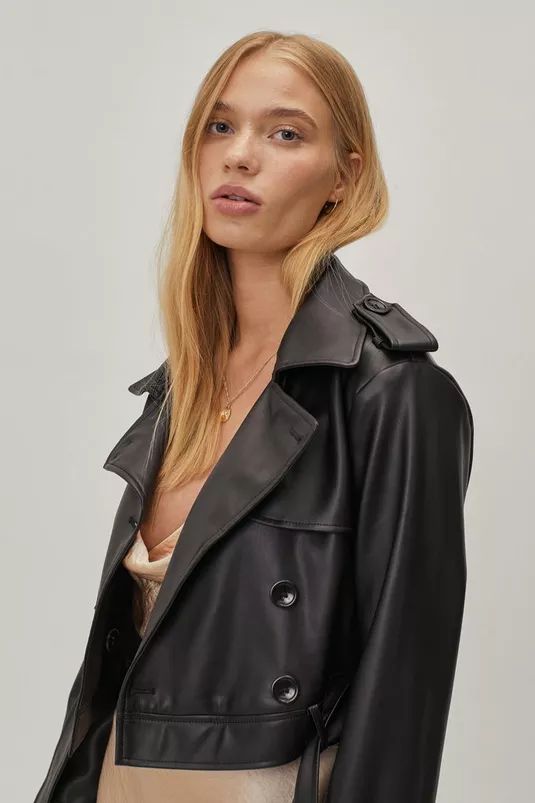 Petite Belted Faux Leather Cropped Trench Coat | Nasty Gal (US)