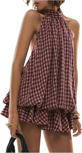 SOLY HUX Women's Plaid Halter Mini Dress Ruffle Bubble Hem Going Out Dress | Amazon (US)