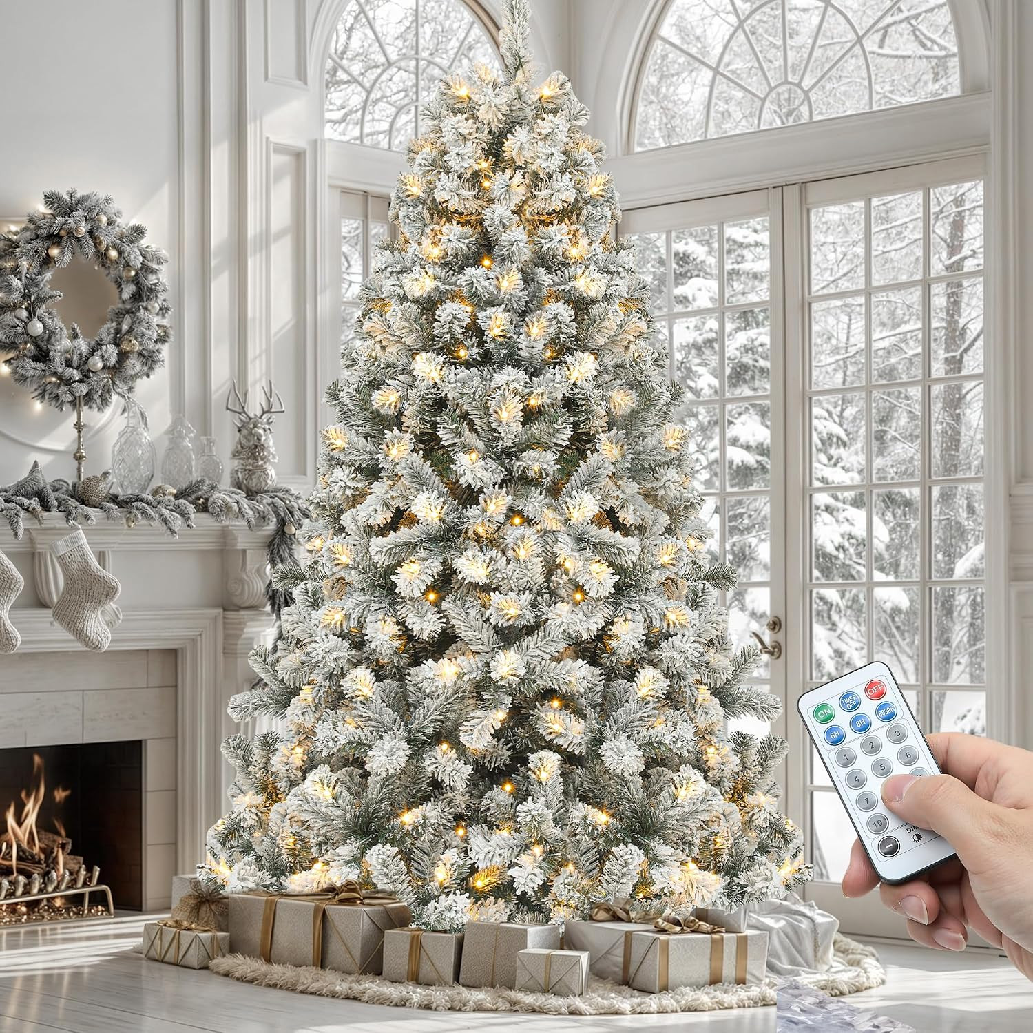 YITAHOME Prelit Snow Flocked Artificial Full Christmas Tree 6ft with Remote Control, Christmas Pine Tree with 11 Light-Modes, 1000 Branch Tips, Foldable Base for Home, Party Decoration | Amazon (US)