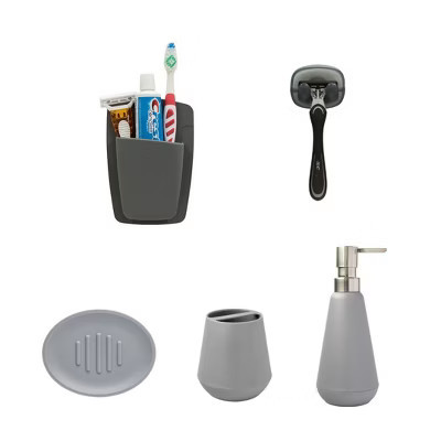 Sttelli 5-Piece Bathroom Essentials Bundle - Soap Dispenser, Soap Dish, Suction-Cup Razor Wall Hook, Toothbrush Cup, No-Glue Wall Organizer - Grey | Target