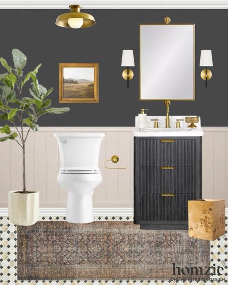 This bathroom design is both modern and moody! We love the vanity sink, brass sconces, runner, vintage wall art, and checkered tile floors! What should we design next?

#LTKfamily #LTKhome #LTKfindsunder100