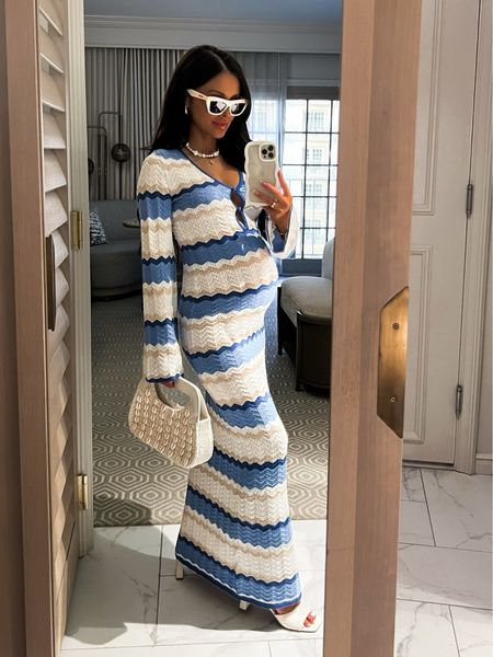 Vacation beach outfit 
Shopbop blue and white knit dress wearing an XS
Seashell bag
Seashell necklace



#LTKFindsUnder100 #LTKBump #LTKTravel