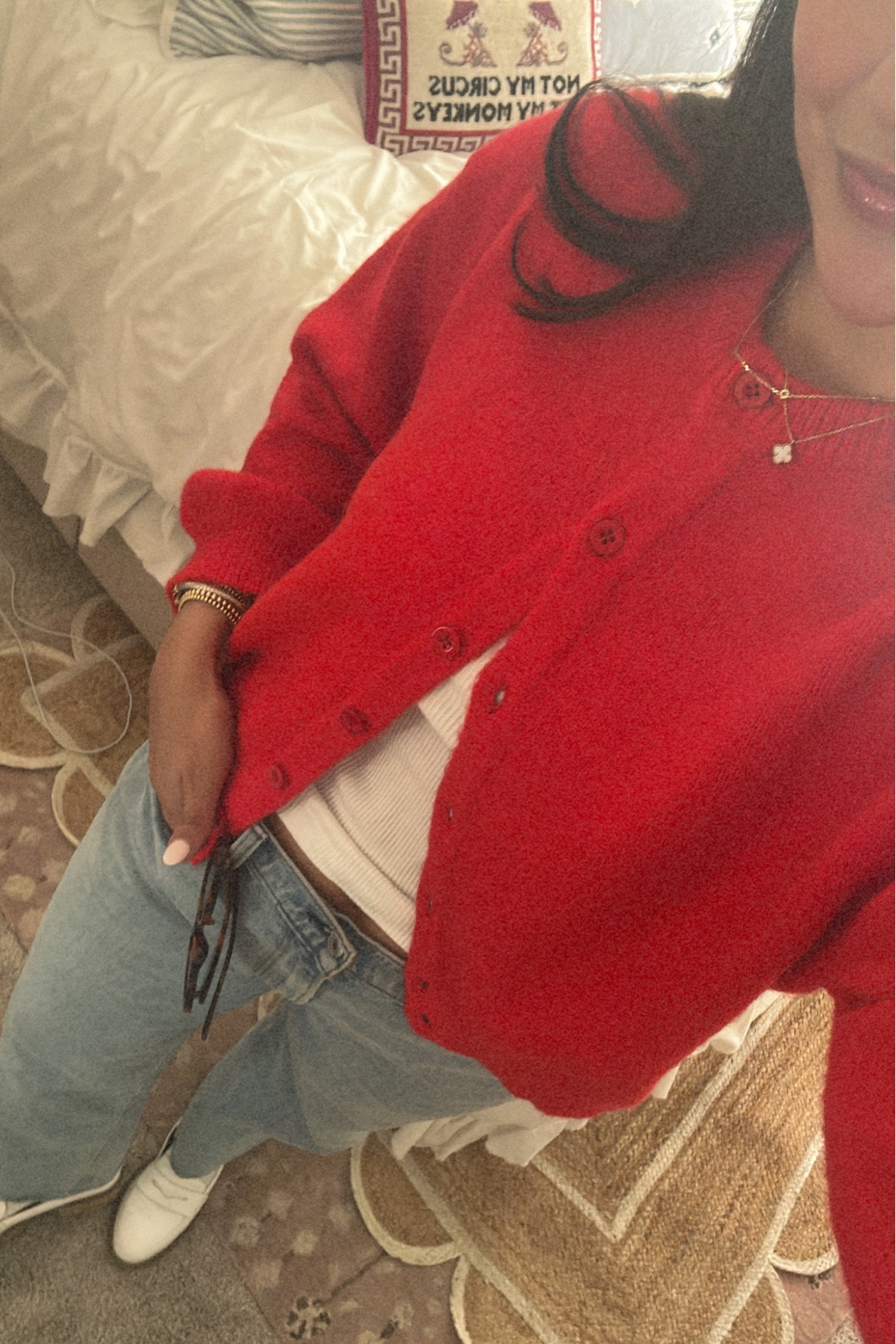 RED is the color of the season♥️!! 

My sweater is Daily Drills & unfortunately it’s sold out, but I linked some very similar ones below - all different price ranges! 