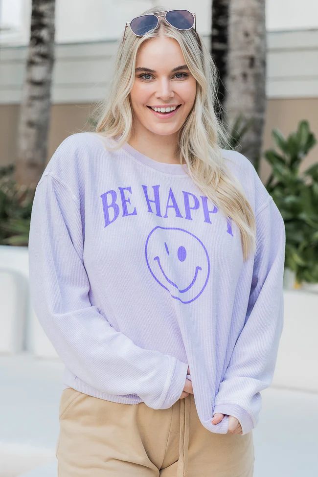 Be Happy Smiley Lilac Corded Graphic Sweatshirt FINAL SALE | Pink Lily