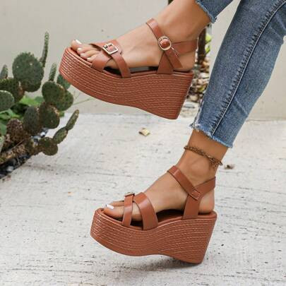 Brown Wedge Sandals With Platform, Peep Toe, Fashion Versatile High Heels, Non-Slip Thick Soled Summer Sandals | SHEIN