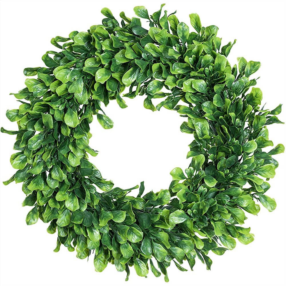 Lvydec Artificial Green Leaves Wreath - 15" Boxwood Wreath Outdoor Green Wreath for Front Door Wall  | Amazon (US)