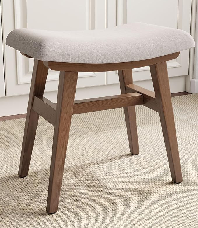 AnywaysWood Wooden Vanity Stool, Makeup Small Bench Seat Solid Wood with Upholstery Saddle Seat S... | Amazon (US)