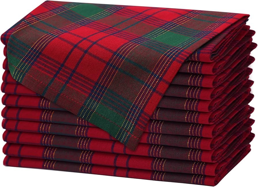 COTTON CRAFT Christmas Tartan Plaid Napkins - 12 Pack Cotton Cloth Napkins - Xmas Holiday Dinner ... | Amazon (US)