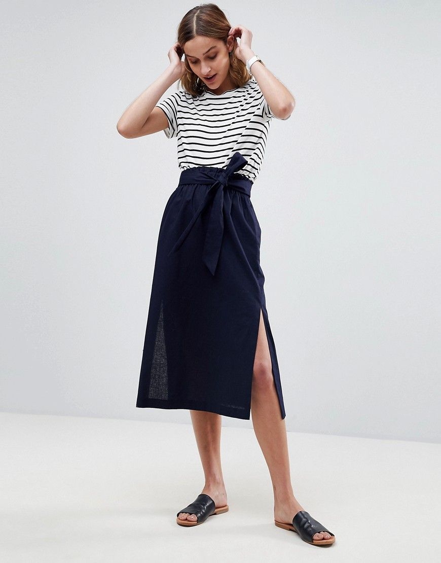 ASOS Tailored Linen Paperbag Waist Split Side Midi Pencil Skirt - Navy | ASOS US