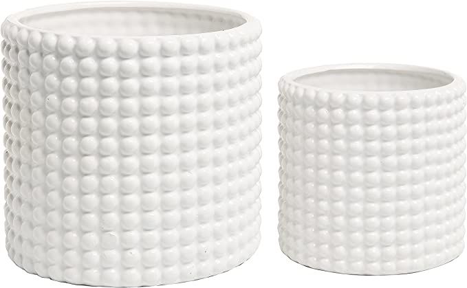 MyGift 6 Inch Ceramic Round Planter Pot, Set of 2 Vintage-Style White Ceramic Flower Pots, Hobnai... | Amazon (US)