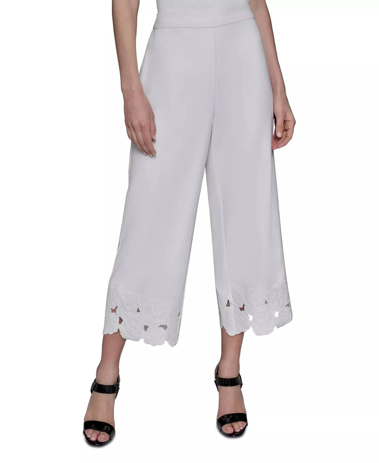 Floral-Hem Pull-On Pants In Soft White | Shop Simon