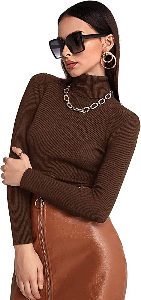 SweatyRocks Women's Long Sleeve Turtleneck Ribbed Knit Pullover Sweater Top | Amazon (US)
