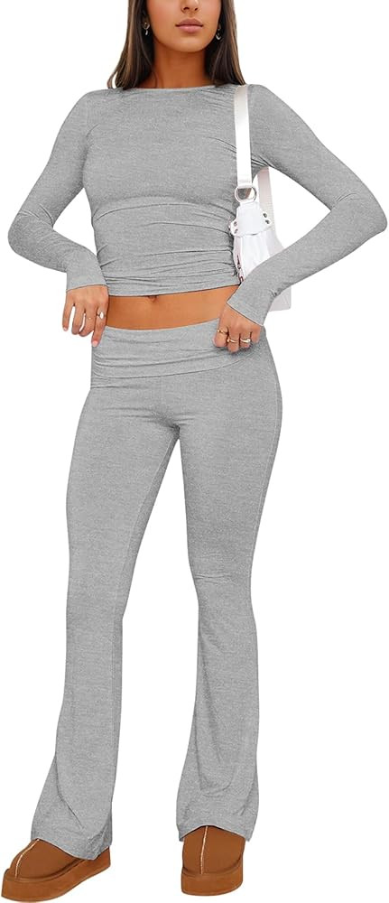 ZHENWEI Women 2 Piece Lounge Sets Matching Sets Long Sleeve Yoga Cropped Top Fold-Over Flare Pant... | Amazon (US)