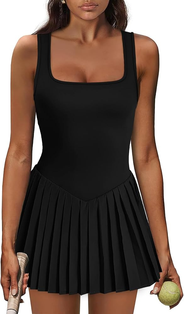 Athletic Dress for Women Built in Shorts U Neck Womens Tennis Dress Pleated with Pockets Sleevele... | Amazon (US)