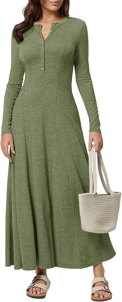 MITILLY Fall Dress for Women 2024 Long Sleeve Maxi Dress Casual Crewneck Button Fit & Flare Flowy... | Amazon (US)