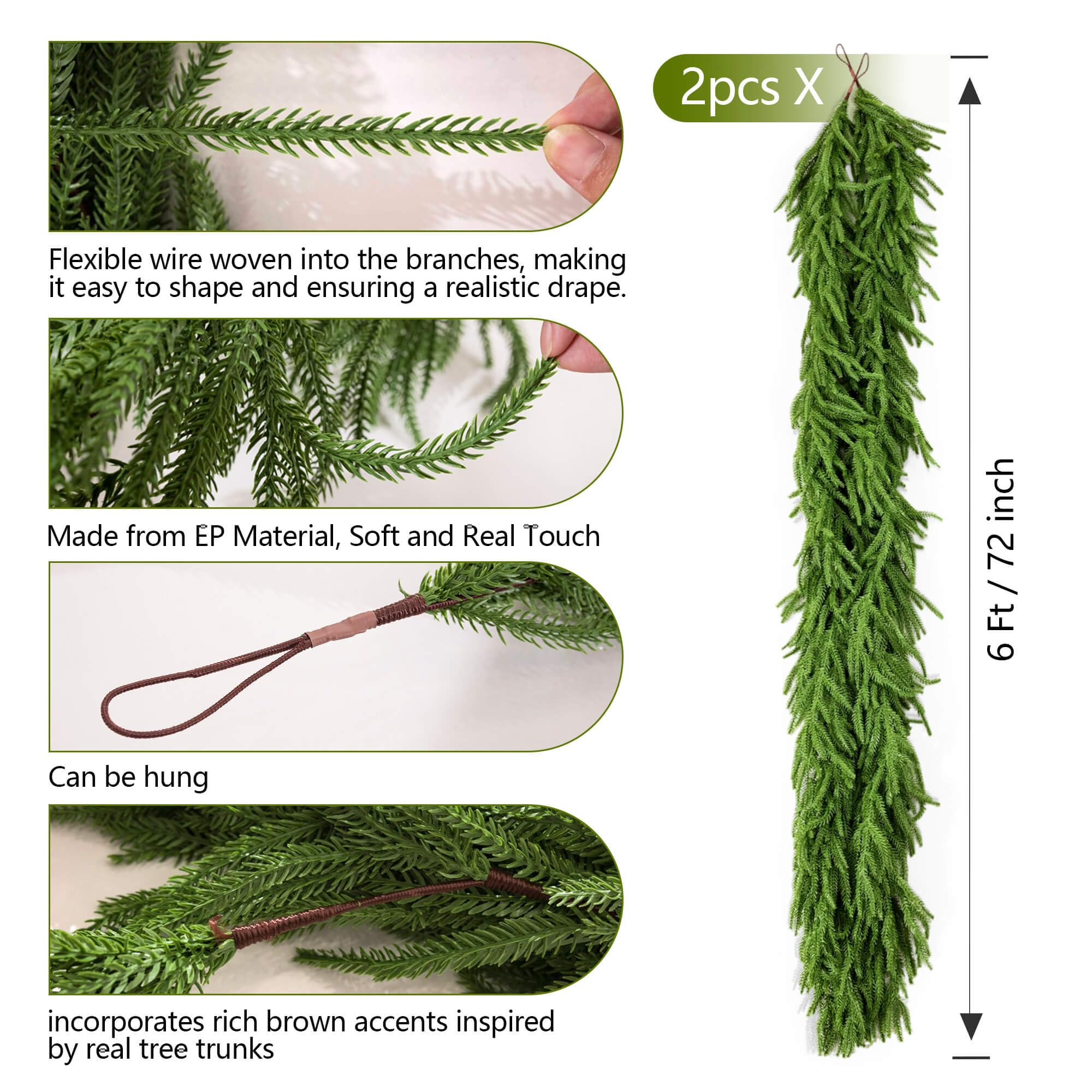 Christmas Garland 2Pcs 6ft Winter Artificial Norfolk Pine Garlands Real Touch Faux Greenery Garla... | Amazon (US)