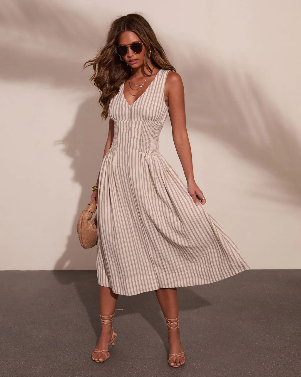 Alorah Striped Fit and Flare Midi Dress - Cream Multi / M | VICI