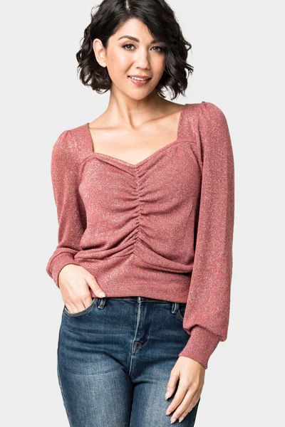 Long Sleeve V-Neck Cinch Front Knit Top | Gibson