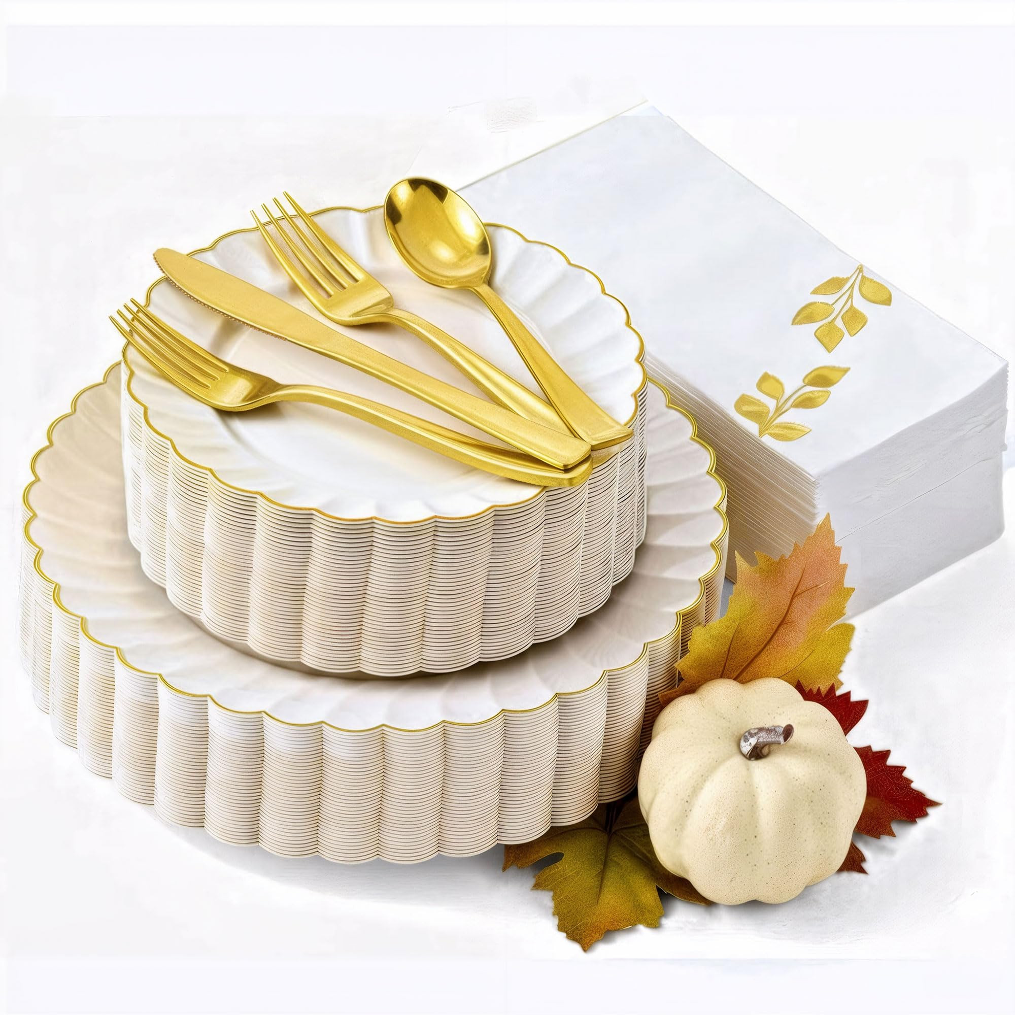 By Madee HIGH END 175 Pc Ivory Scalloped Plastic Plates with Gold Trim | Fancy Disposable Dinnerw... | Amazon (US)