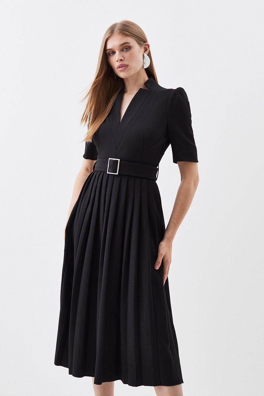 Petite Tailored Structured Crepe Forever Pleat Midi Dress | Karen Millen US