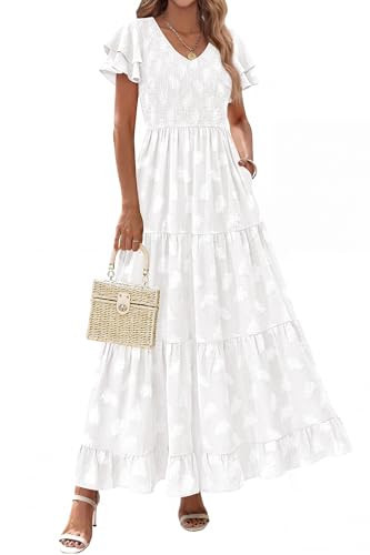 dowerme Maxi Dresses for Women 2026 Summer Ruffle Sleeve V Neck Smocked A Line Floral Boho Tiered Sundress Spring Outfit(White,Medium) | Amazon (US)