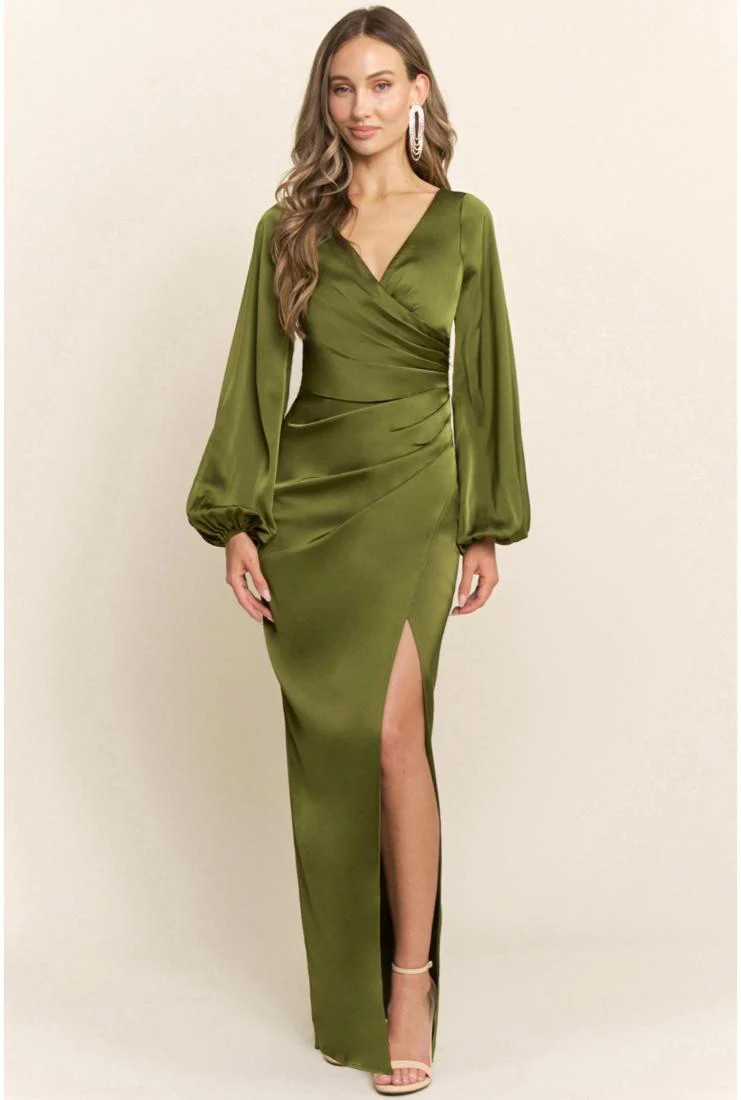 Sloane Long Sleeve Satin Maxi Dress - Olive Green | Pippa & Pearl