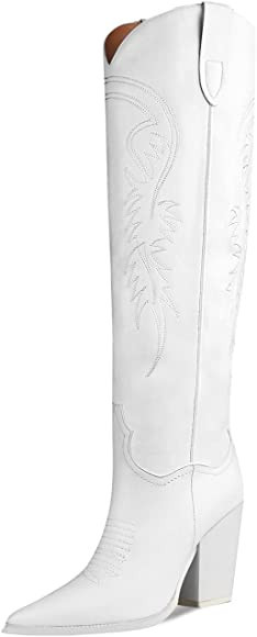 ISNOM Women's Western Boots Knee High Boots, Cowboy Cowgirl Embroidered Chunky Block Heel Pointed... | Amazon (US)