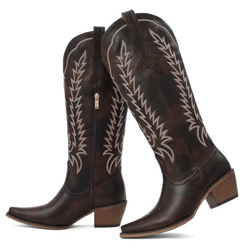 Tscoyuki Womens Cowboy Boots | Knee High Western Cowgirl Boots, Comfortable Chunky Heel, Classic Embroidery, Pointed Toe, Side Zipper & Pull On Tabs for Concert, Rodeo & Country Festival Brown, Size 6.5 | Amazon (US)