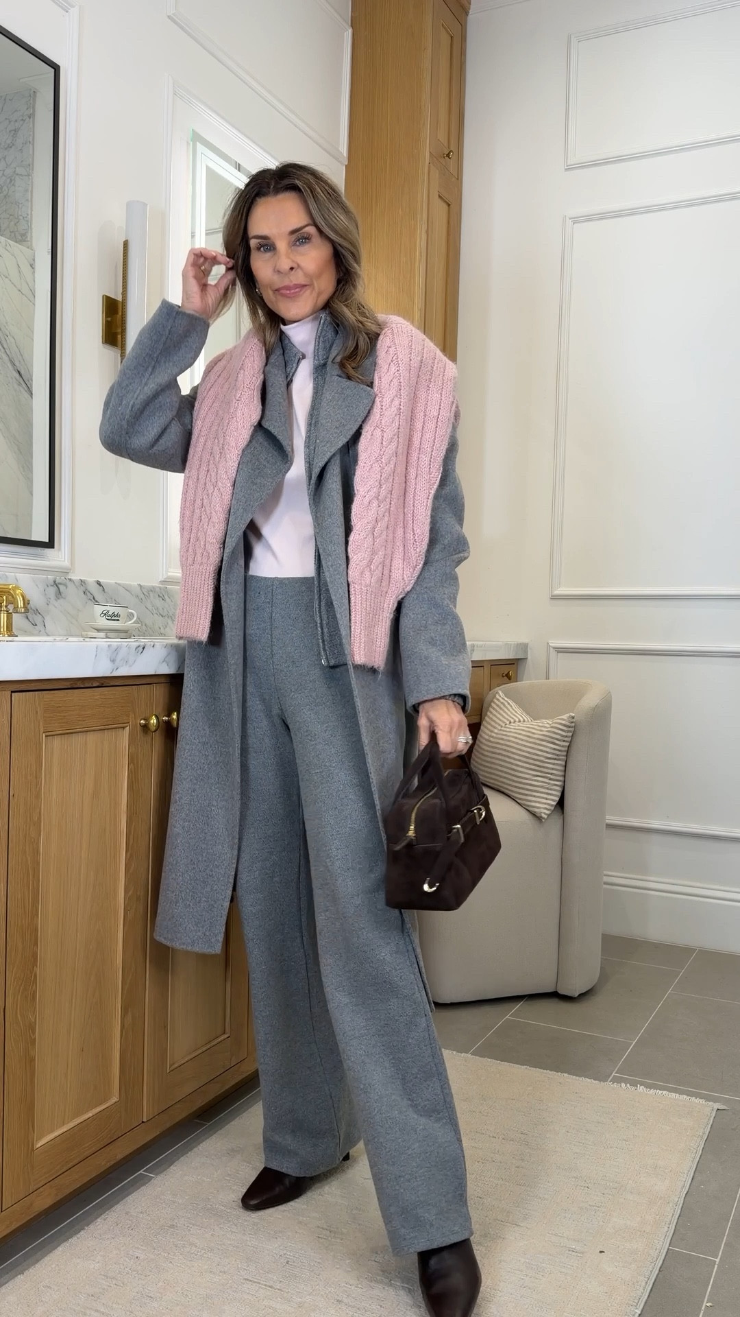 Affordable winter look from Target & Quince I’m 5’6’’. 
-Aritiza green lounge zip up size S, joggers sz XS 
-Pink turtleneck size S
-Gray felt zip jacket size S
-Quince grey 100% double faced wool trench coat size S
-Target Pink sweater size XS
-Soft gray felt pants I’m wearing a S, I need XS!
-Love my new bag! 

#LTKOver40 #LTKSeasonal #LTKootd