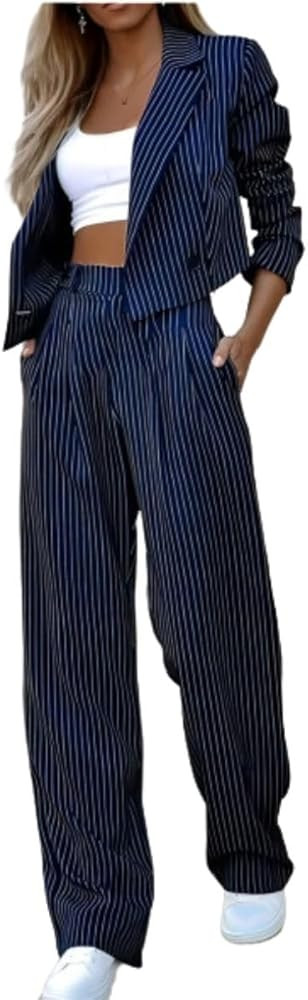 Women's 2 Piece Blazer Set Striped Cropped Blazers Jacket High Waist Wide Leg Work Pants Business... | Amazon (US)