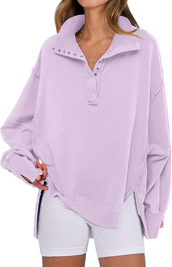 ANRABESS Women's Sweatshirts Oversized Casual Loose Button Up Henley Pullover Top High Low Split ... | Amazon (US)