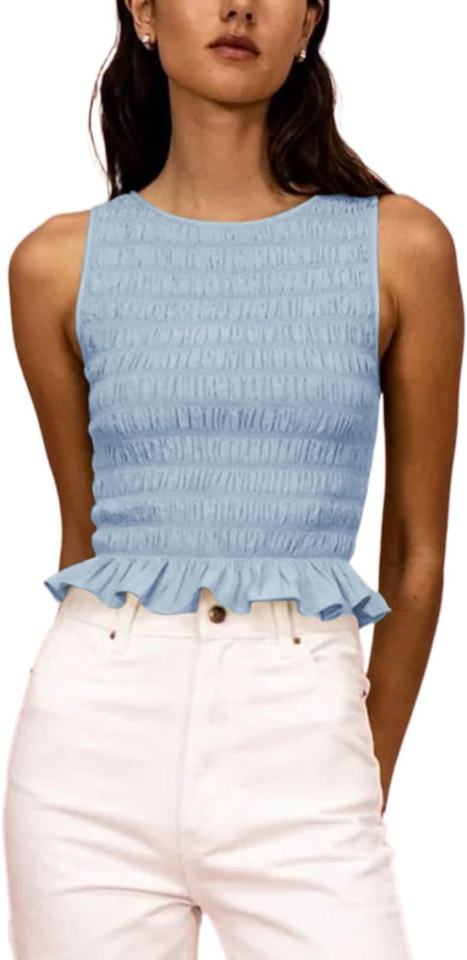 Women Shirred Tank Top Ruffle Sleeveless Tanks Frill Smocked Halter Cami Tops Summer Streetwear | Amazon (US)