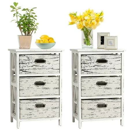 Gymax Set of 2 Chest w/3 Fabric Drawers Vintage Wood Frame End Side Table Nightstand | Walmart (US)