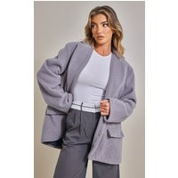 Grey Brushed Wool Longline Oversized Curved Hem Blazer | PrettyLittleThing UK