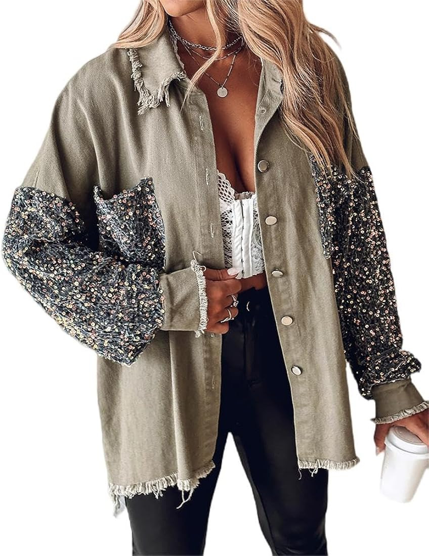 CHICME BEST SHOPPING DEALS Womens Jacket Sequin Patchwork Long Sleeve Jacket Top Button Front Ove... | Amazon (US)