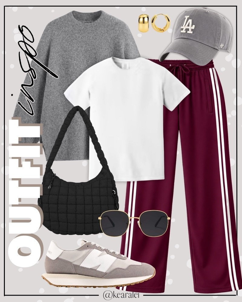 Spring outfits 2026 fall outfits Amazon comfy outfit cool mom outfits sporty outfits game day style Amazon fashion maroon burgundy red track pants wide leg pants trousers tall girl friendly pants short girl friendly petite length pants activewear free people inspired look for less oversized white tshirt t-shirt gray wool blend oversized knit sweater ‘47 brand charcoalgrey baseball hat white women’s new balance 237 V1 sneakers shoes aviator sunglasses large black quilted puffer carryall bag tote bum bag crossbodypuffer bag || #amazon #athletic #casual #ootd #sporty #lululemon #oncloud #freepeople #sneakers #neutrals
.
.
.

Fitness Wear, Activewear, exercise outfit, workout leggings, sports bra, Lulu lemon, free people motion active athleisure
.

Amazon fashion, teacher outfits, business casual, casual outfits, neutrals, street style, Midi skirt, Maxi Dress, Swimsuit, Bikini, Travel, skinny Jeans, Puffer Jackets, Concert Outfits, Cocktail Dresses, Sweater dress, Sweaters, cardigans Fleece Pullovers, hoodies, button-downs, Oversized Sweatshirts, Jeans, High Waisted Leggings, dresses, joggers, fall Fashion, winter fashion, leather jacket, Sherpa jackets, Deals, shacket, Plaid Shirt Jackets, apple watch bands, lounge set, Date Night Outfits, Vacation outfits, Mom jeans, shorts, sunglasses, Disney outfits, Romper, jumpsuit, Airport outfits, biker shorts, Weekender bag, plus size fashion, Stanley cup tumbler
.
Target, Abercrombie and fitch, Amazon, Shein, Nordstrom, H&M, forever 21, forever21, Walmart, asos, Nordstrom rack, Nike, adidas, Vans, Quay, Tarte, Sephora, lululemon, free people, j crew jcrew factory, old navy

#LTKootd #LTKSeasonal #LTKSaleAlert