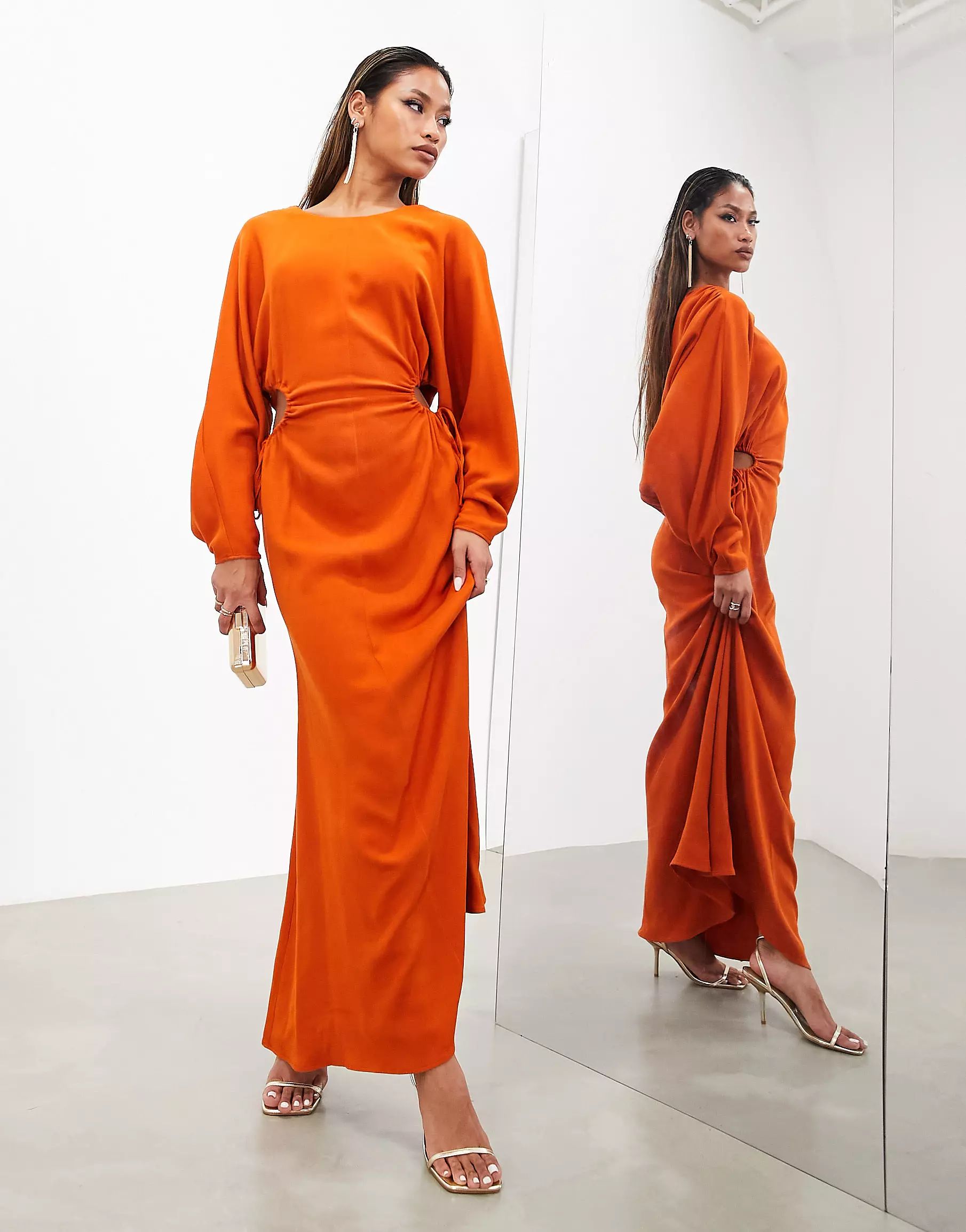 ASOS EDITION ruched side cowl back maxi dress in rust | ASOS (Global)