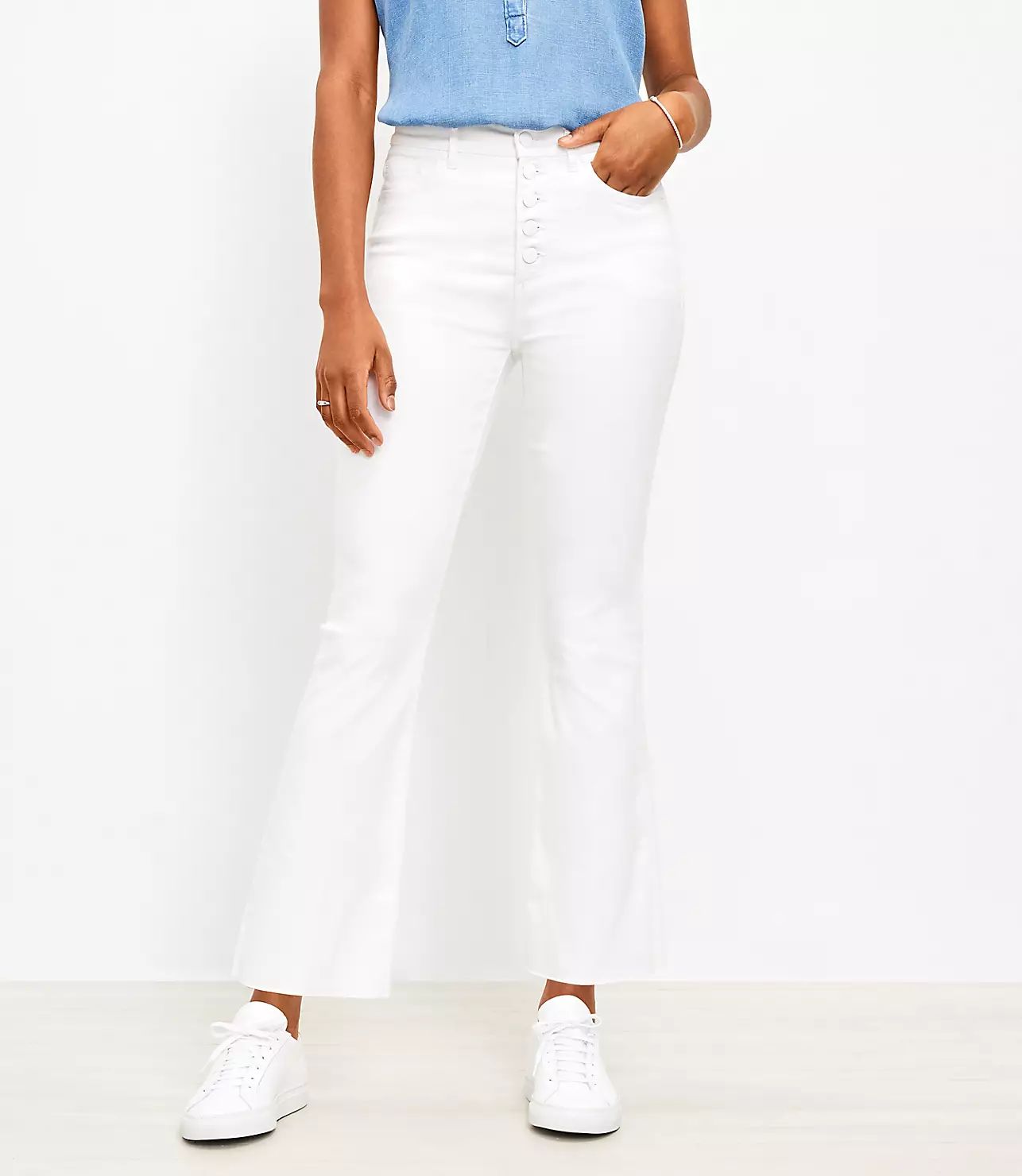 Petite Frayed Button Front High Rise Kick Crop Jeans in White | LOFT