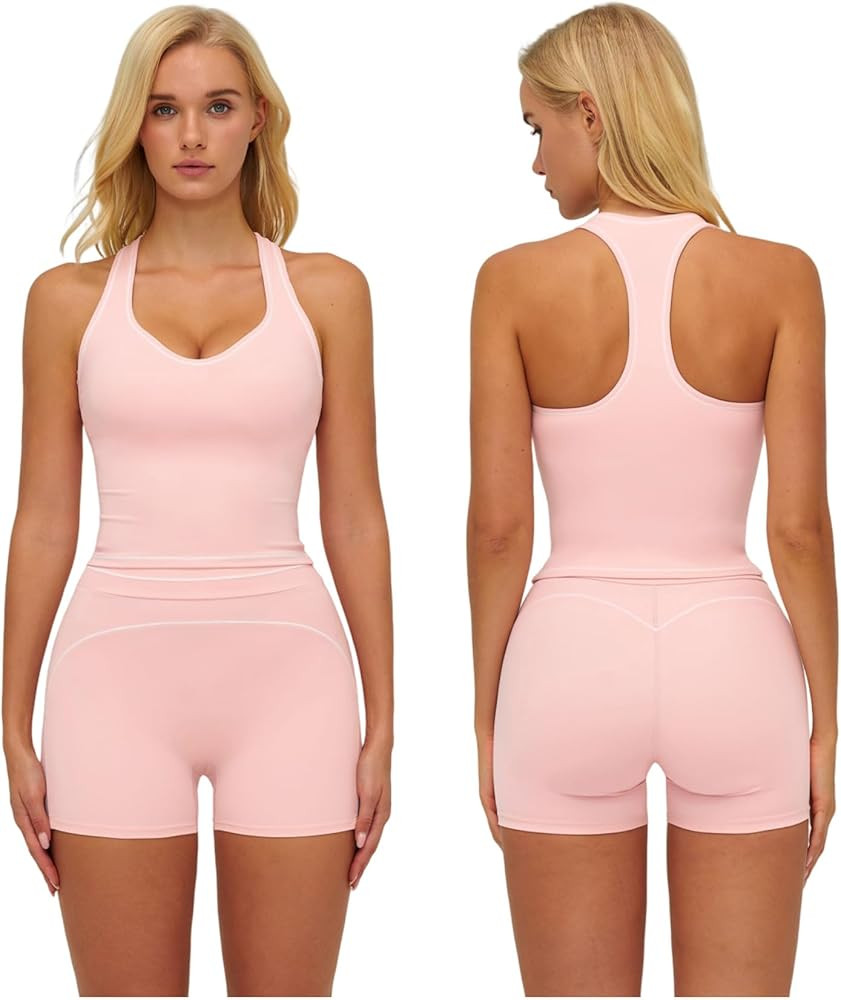 Two Piece Workout Sets for Women Color Block Racerback Tank Tops and High Waist Shorts Gym Yoga O... | Amazon (US)