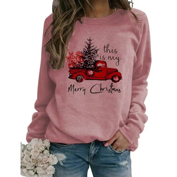 Women's Merry Christmas Car Tree Round Neck Long Sleeve Sweater - Walmart.com | Walmart (US)