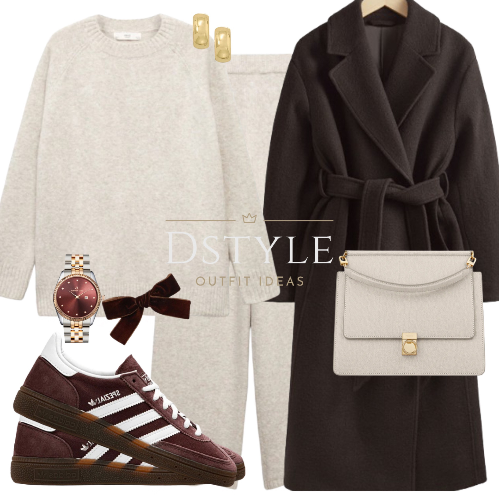 Chic Coordination: a gorg light beige co-ord set, brown belted wool coat, and Adidas Spezial 'Shadow Brown Gum.' Complete the look with a matching watch and a cute hair bow clip. 🌟🧥👟 #OOTD #FashionForward

#LTKSeasonal #LTKHoliday #LTKfindsunder50